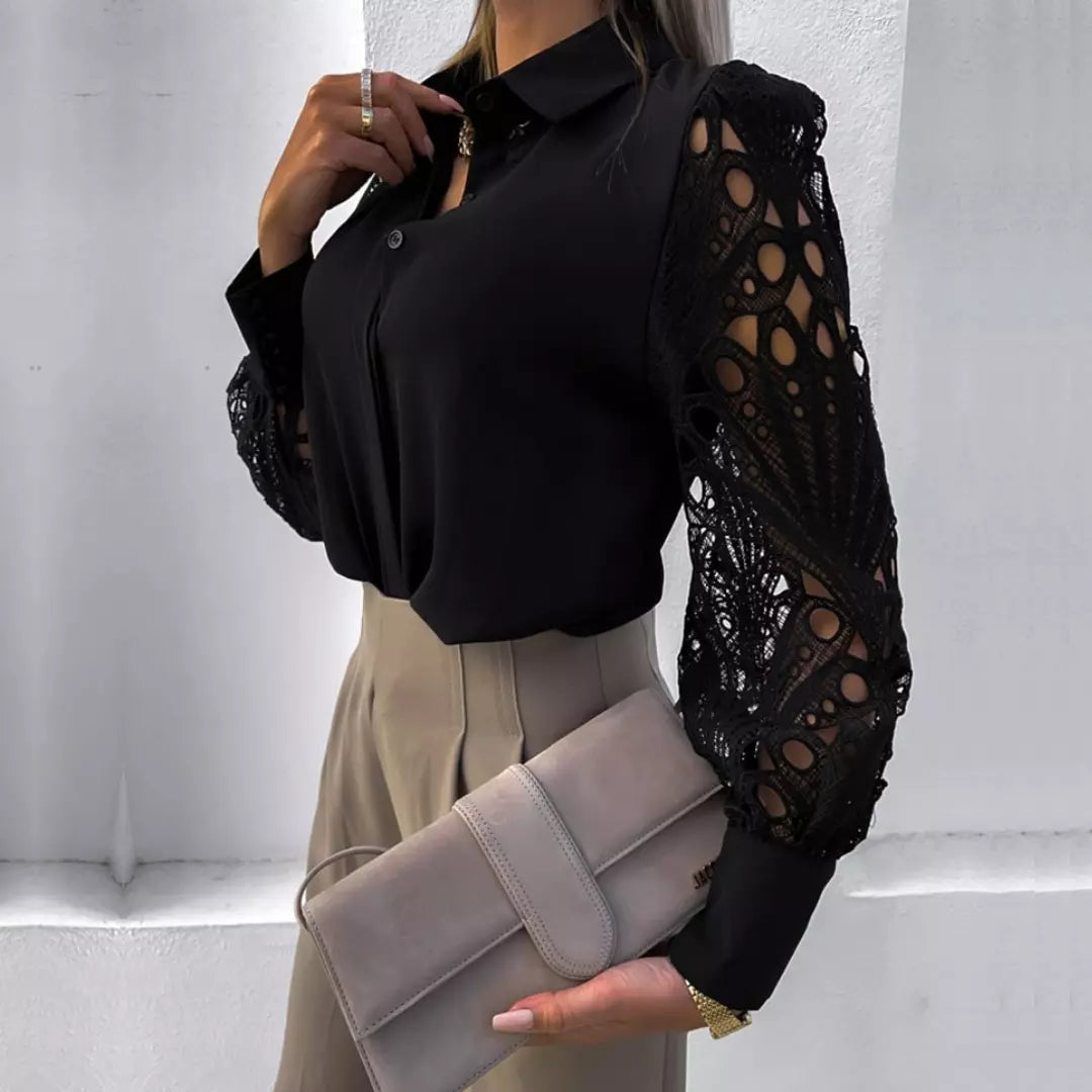 Blusa Feminina Manga Longa de Renda. Blusa feminina social. Blusa de cetim feminina. Blusa feminina social. Blusa de cetim com renda. Blusa preta com renda manga longa. Blusa social feminina com renda. Blusa de cetim com renda feminina.
