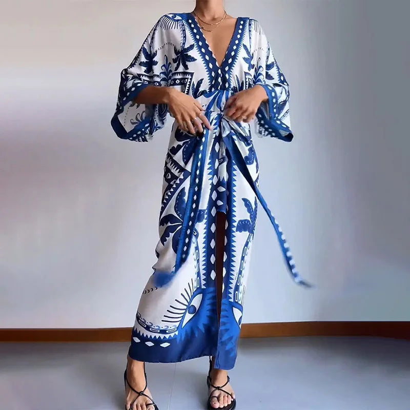 vestido estampado longo casual, vestido estampado longo, vestido estampado curto, vestido estampado, Vestido Estampa Tropical Decote V, vestido estampa tropical casual, vestido decote V estampado. - www.mulherinova.com