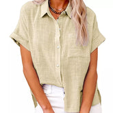 camisa de linho bege manga curta oversized feminina com botões frontais - Mulher Inova