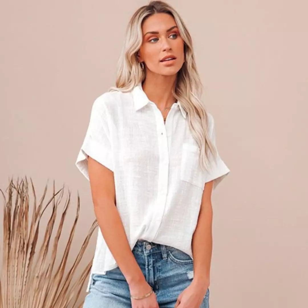 camisa de linho branca manga curta oversized feminina com botões frontais - Mulher Inova