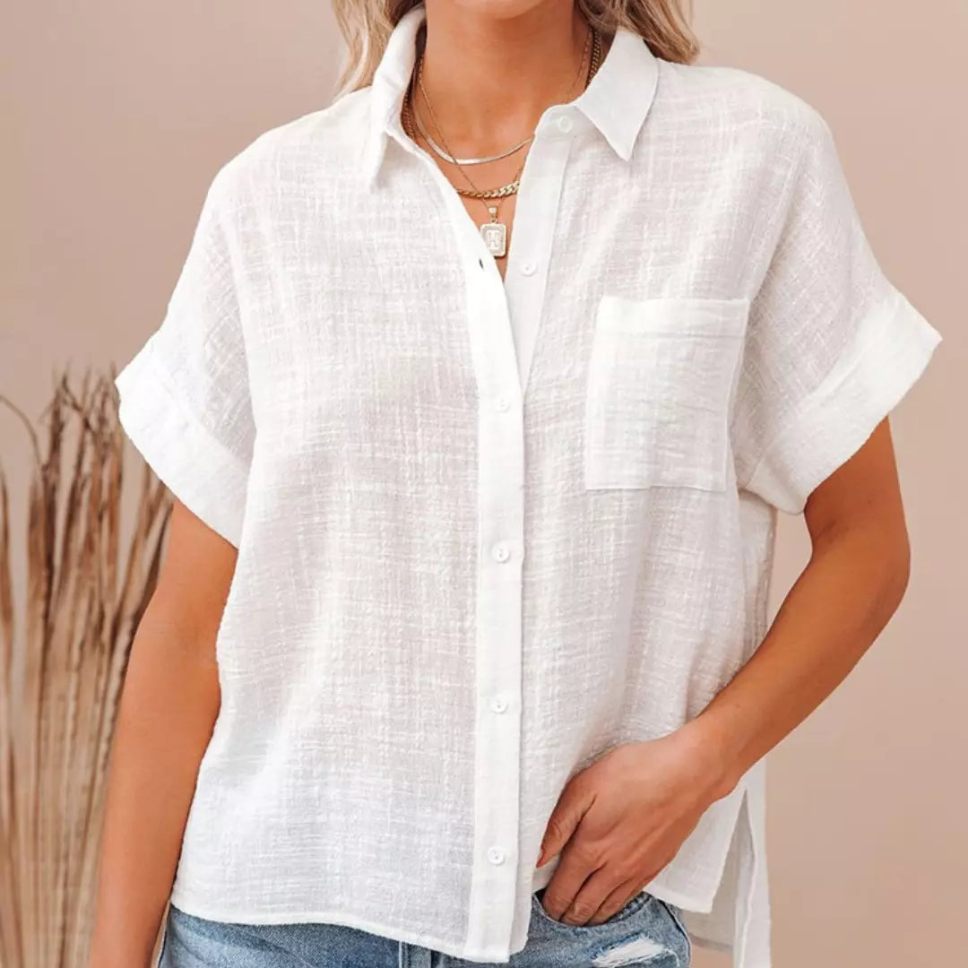 camisa de linho branca manga curta oversized feminina com botões frontais - Mulher Inova