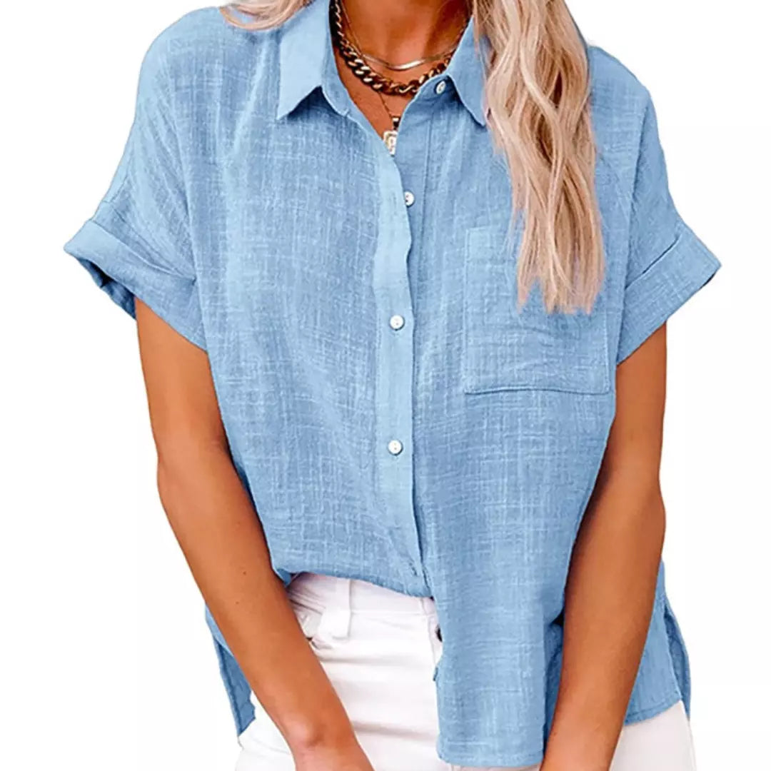 camisa de linho azul claro manga curta oversized feminina com botões frontais - Mulher Inova
