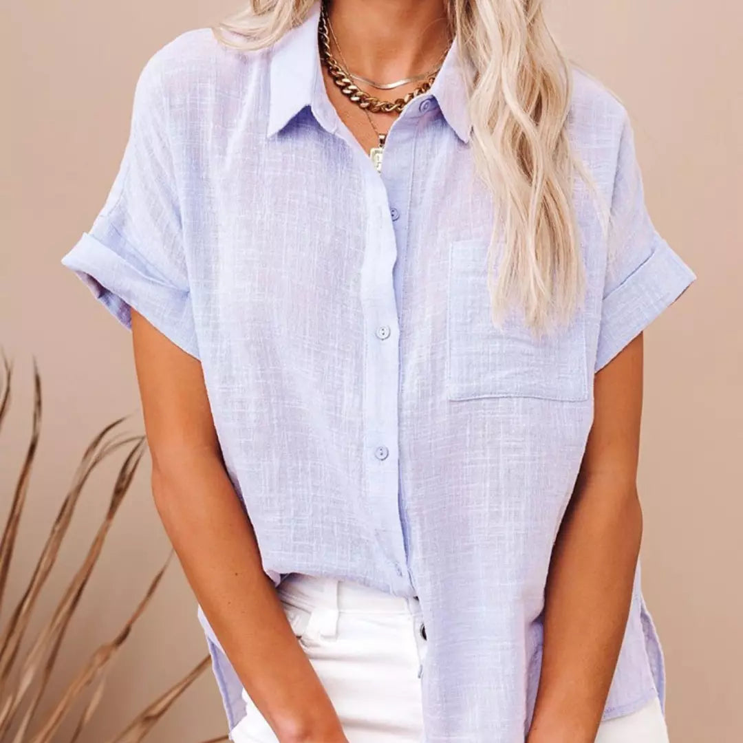 camisa de linho lilás manga curta oversized feminina com botões frontais - Mulher Inova
