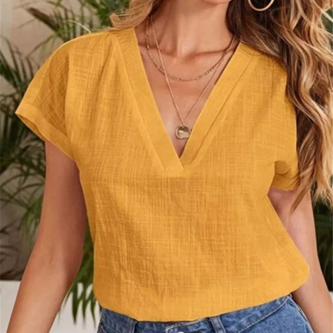 camisa de linho manga curta gola V feminina amarela
