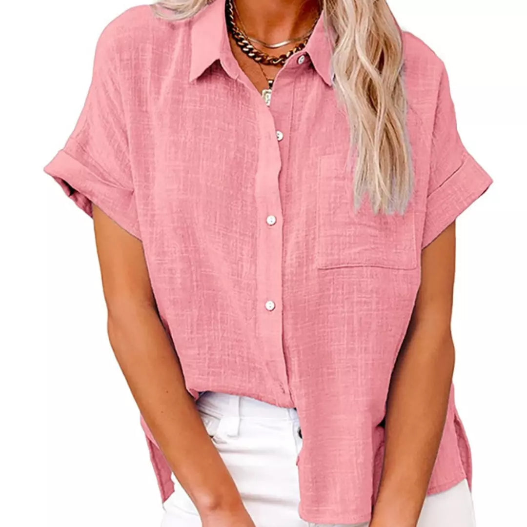camisa de linho rosa manga curta oversized feminina com botões frontais - Mulher Inova