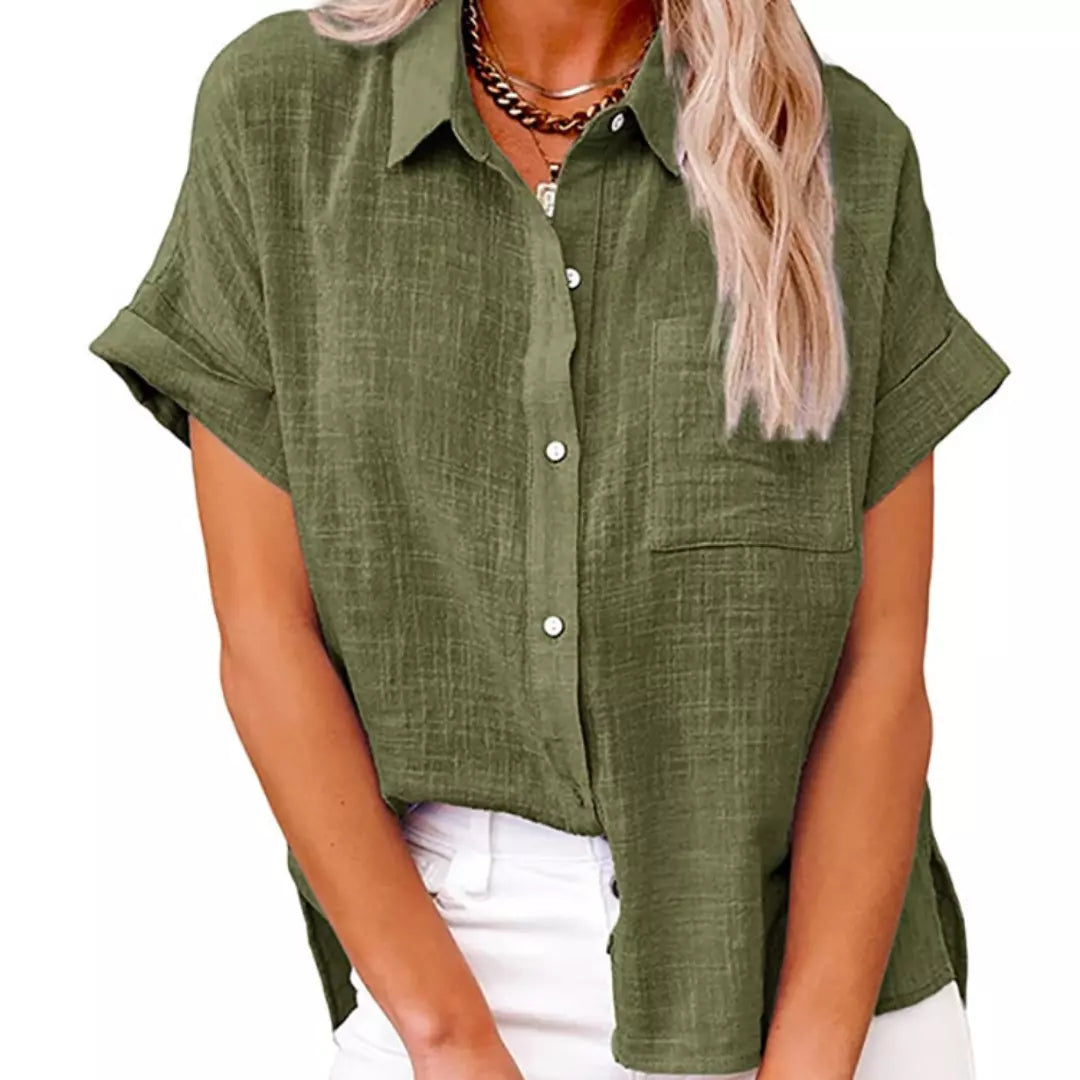 camisa de linho verde militar manga curta oversized feminina com botões frontais - Mulher Inova