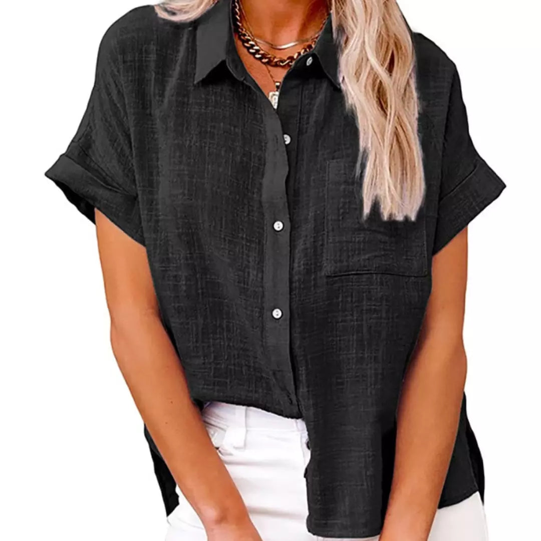 camisa de linho preta manga curta oversized feminina com botões frontais - Mulher Inova