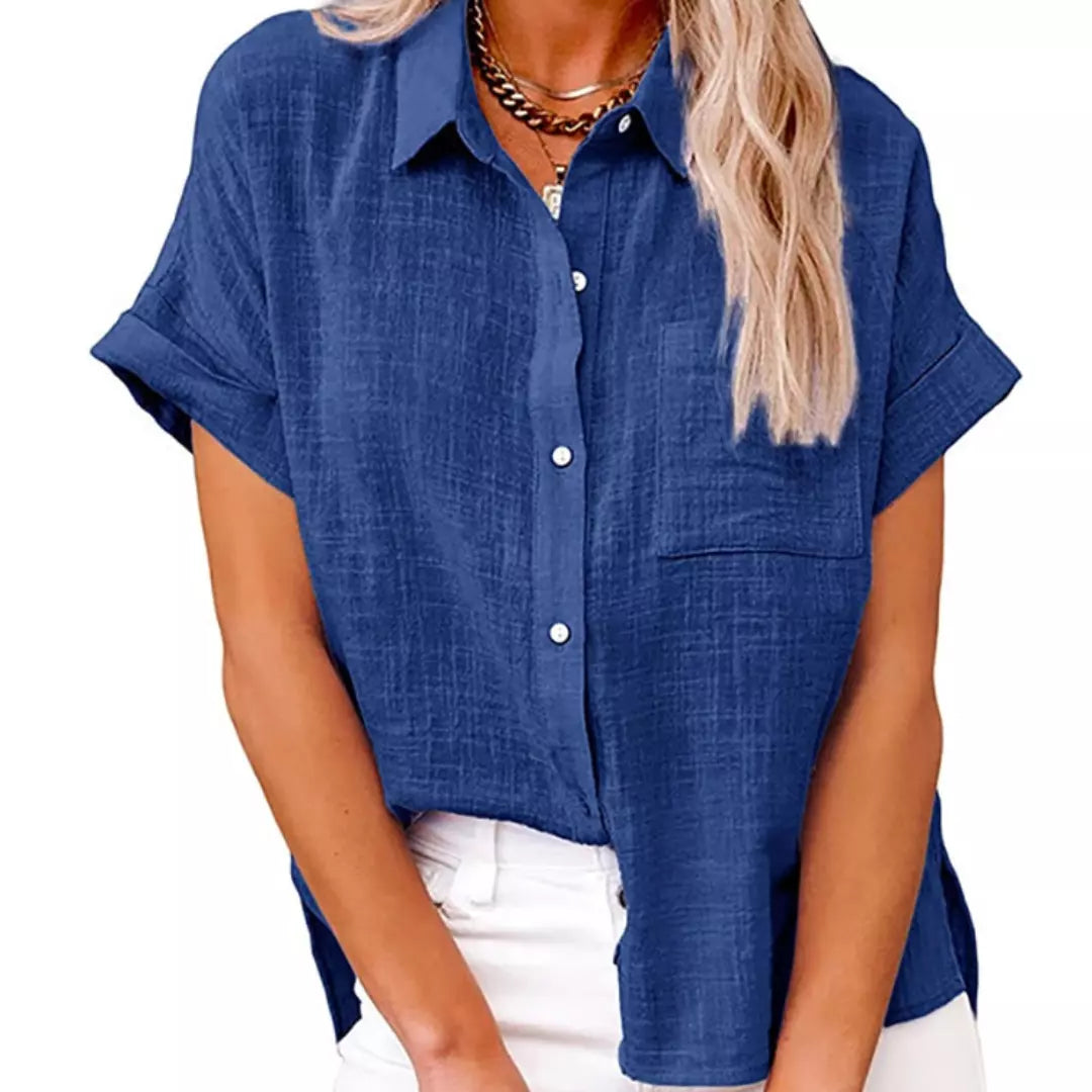 camisa de linho azul manga curta oversized feminina com botões frontais - Mulher Inova