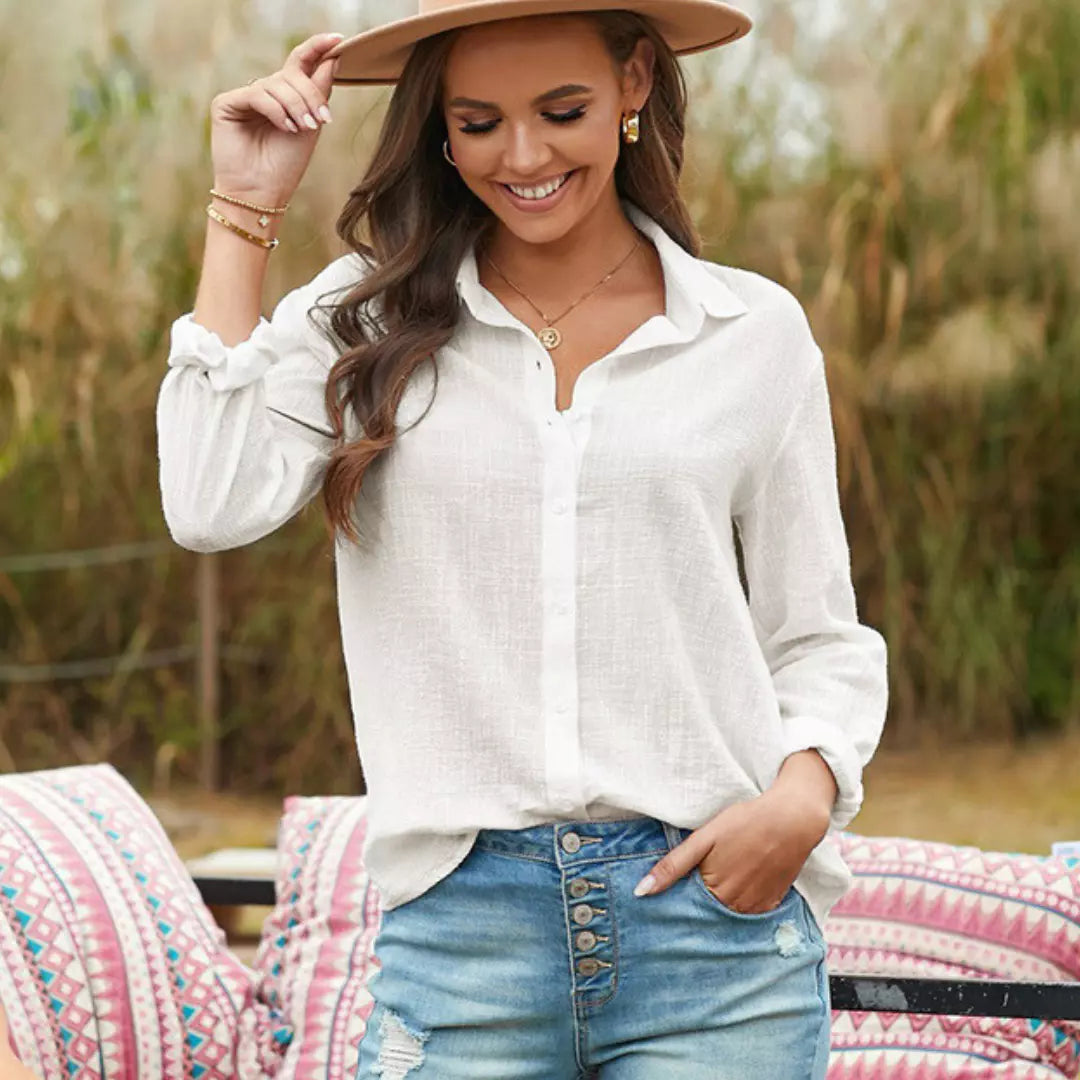 Camisa de linho feminina branca. Camisa de linho branca feminina. Camisa de linho branca oversized feminina com botões frontais de manga comprida. Camisa linho feminina. Camisa feminina linho. Camisa feminina de linho - Mulher Inova