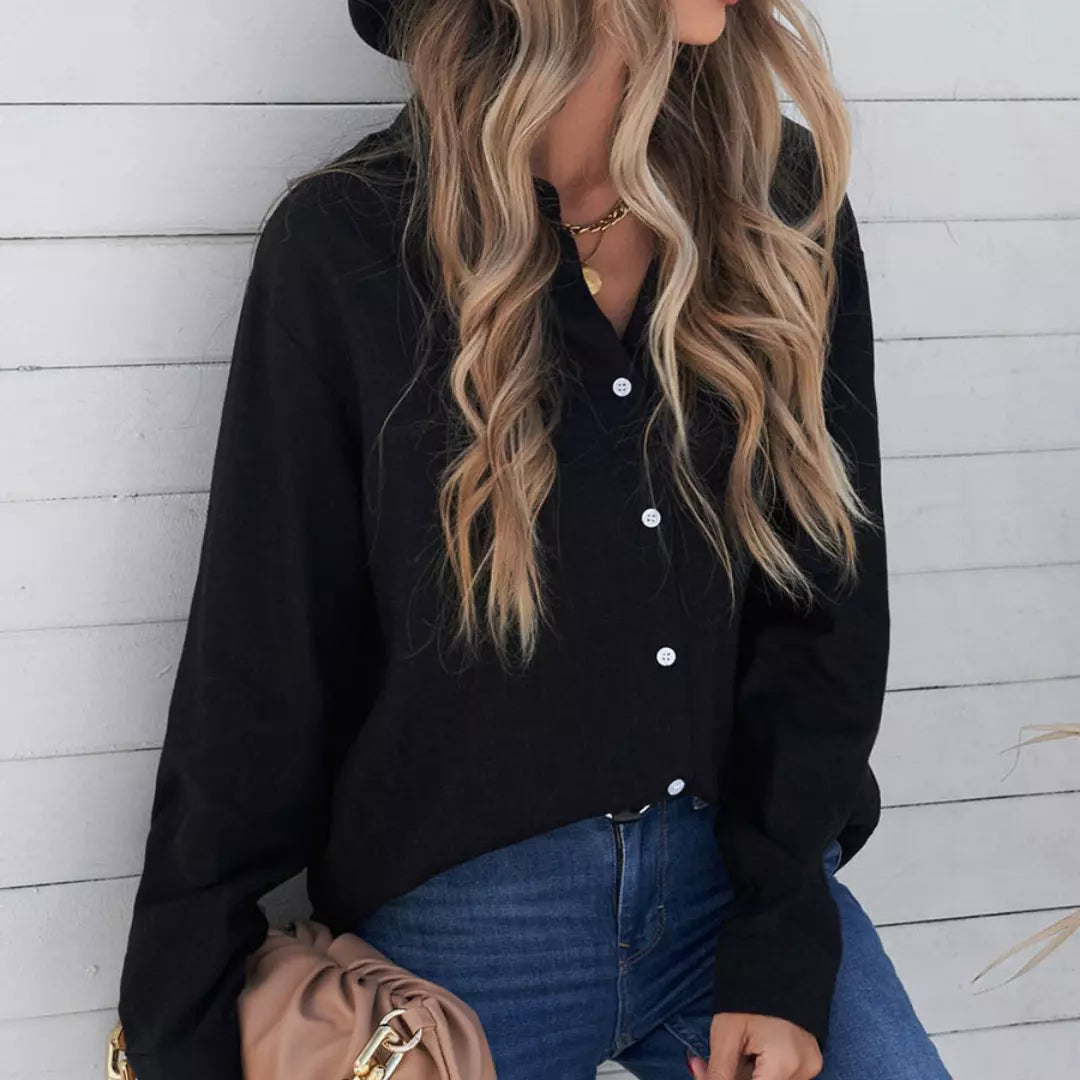 Camisa de linho feminina preta. Camisa de linho preta feminina. Camisa de linho preta oversized feminina com botões frontais de manga comprida. Camisa linho feminina. Camisa feminina linho. Camisa feminina de linho - Mulher Inova