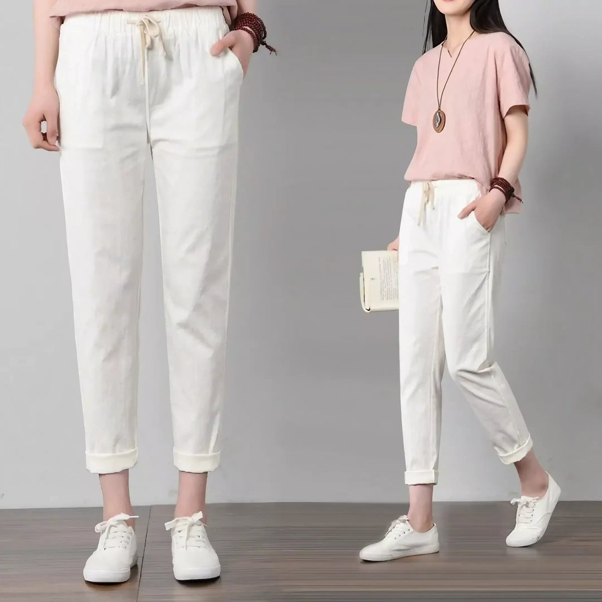 Calça de linho feminina branca casual. Calça linho feminina. Calça feminina de linho - Mulher Inova