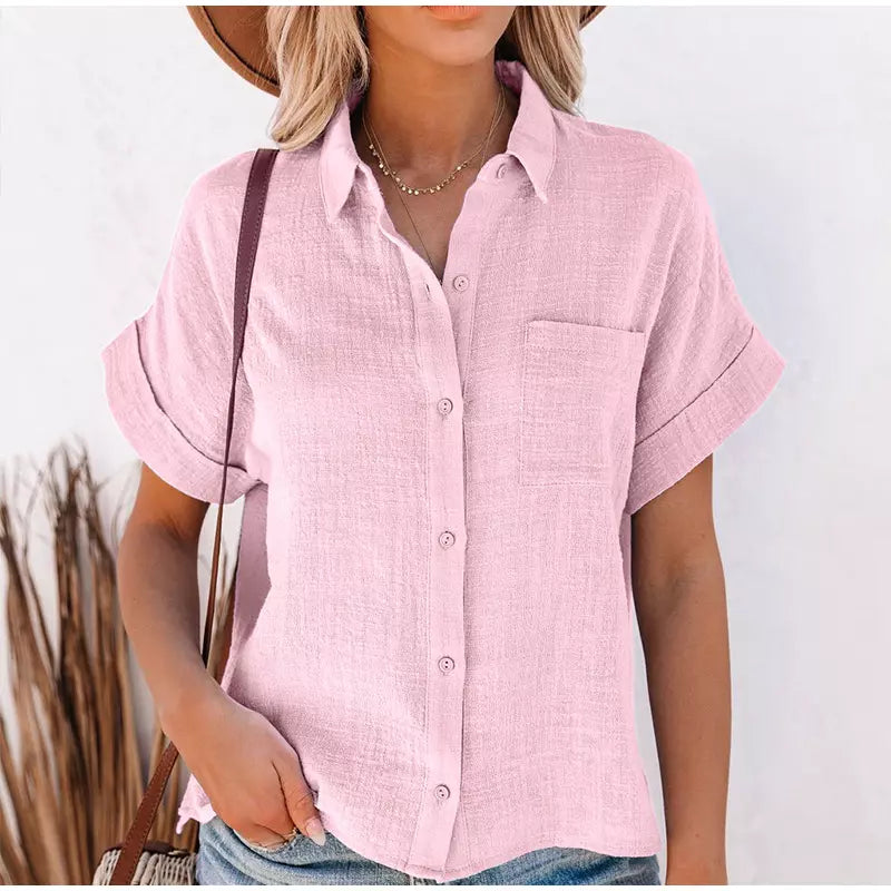 camisa de linho rosa manga curta oversized feminina com botões frontais - Mulher Inova