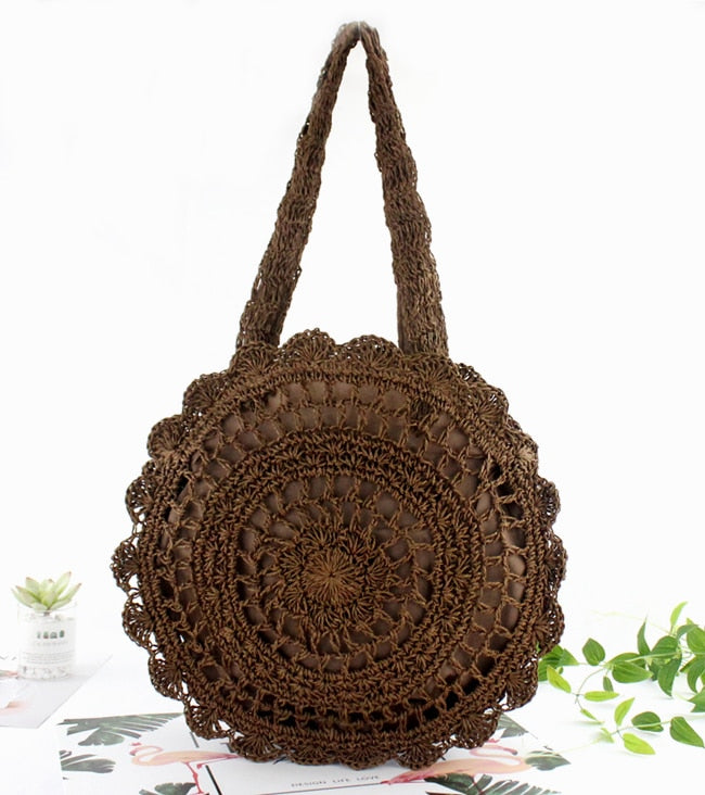 bolsa grande de palha redonda feminina ava na cor marrom escuro - Mulher Inova