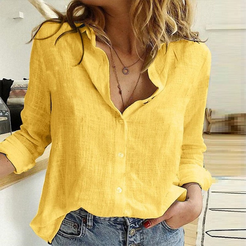 Camisa de linho feminina amarela. Camisa de linho amarela feminina. Camisa de linho amarela oversized feminina com botões frontais de manga comprida. Camisa linho feminina. Camisa feminina linho. Camisa feminina de linho - Mulher Inova
