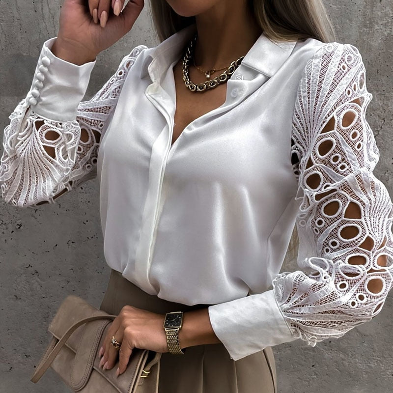 Blusa Feminina Manga Longa de Renda. Blusa feminina social. Blusa de cetim feminina. Blusa feminina social. Blusa de cetim com renda. Blusa branca com renda manga longa. Blusa social feminina com renda. Blusa de cetim com renda feminina.