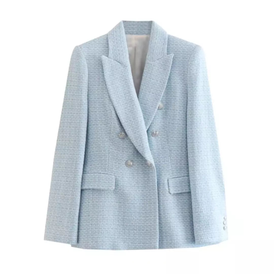 Blazer tweed feminino azul bebê. Blazer feminino. Blazer alfaiataria feminino. Blazer feminino tweed.